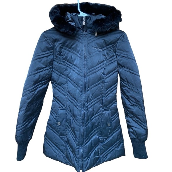 Bebe Black Rabbit Fur Trim with Blended Down Feather Jacket I Size: S - Picture 2 of 12